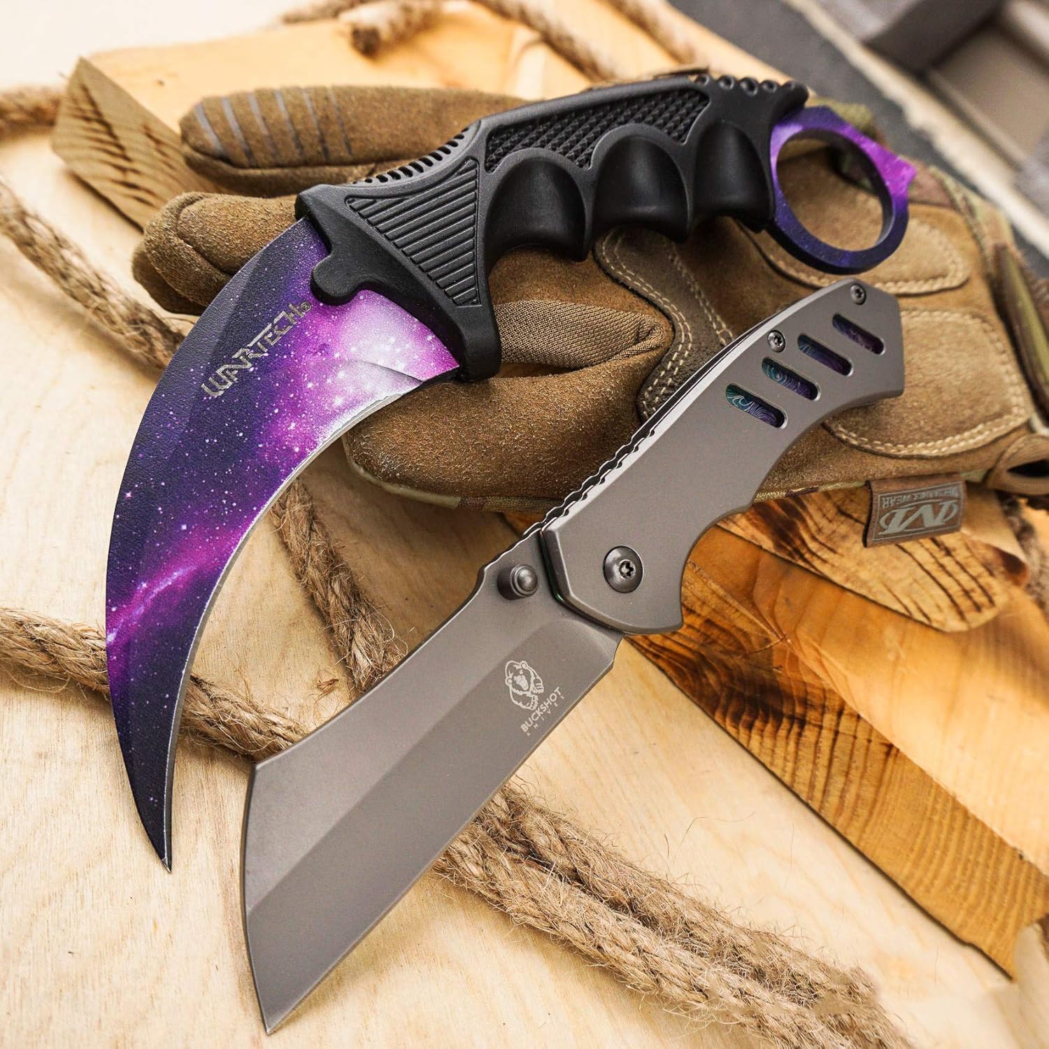 Amazon Com Wartech Buckshot Knives 2pc Combo Set 7 5 Galaxy Cs Go Karambit Knife 6 5 Camping Hunting Assisted Open Cleaver Pocket Folding Knife Sports Outdoors