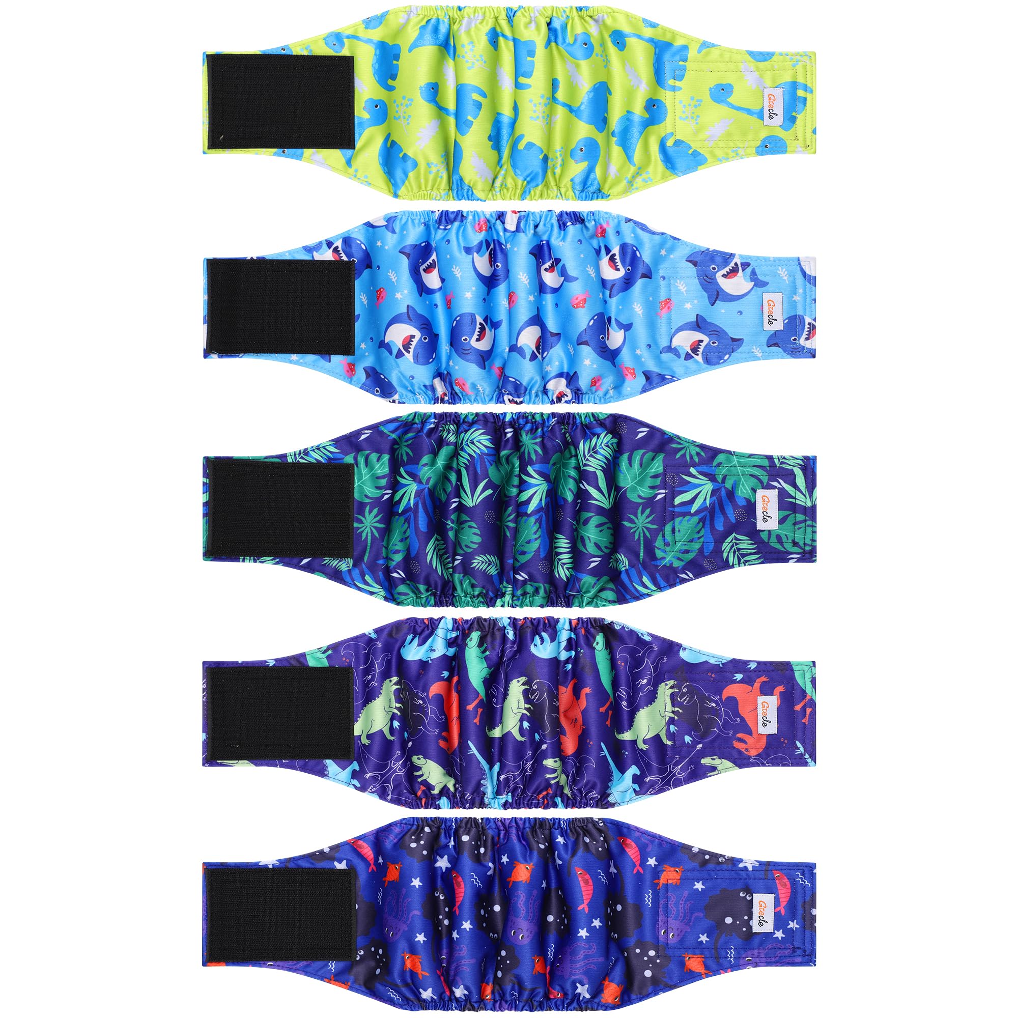 Photo 1 of 5 Pack Dog Diapers Male Reusable, Premium Belly Bands for Male Dogs, High Absorbing Male Dog Pee Wraps for Doggie in Incontinence or Excitable Urination and Training Dinosaur L