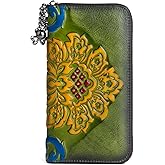 AEGGEAI Women Long Wallet Vintage Embossing Ethnic Style Card Holder Genuine Leather Clutch Large Capacity Multi Pocket Purse (Green)