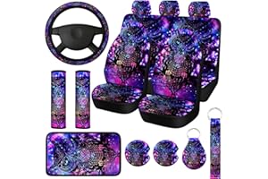 Riakrum 15 Pcs Purple Colorful Owl Car Seat Covers Full Set Space Cats Car Covers for Front Rear Seat Steering Wheel Wrist Strap Armrest Pad Shoulder Pads