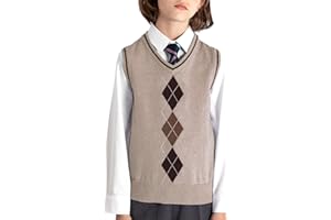 BOBOYOYO Boys Argyle Sweater Vest 100% Cotton V-Neck Vest Kids Uniform Sleeveless Sweaters for Children 5-12Y
