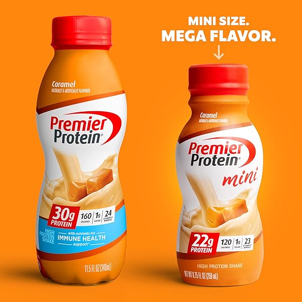 PREMIER PROTEIN SHAKE MINIS, CARAMEL, 22G PROTEIN, 120 CALORIES, NO ADDED SUGAR, 8.75 FL OZ, 12 PACK (PACKAGING MAY VARY)