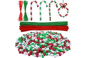 Livder Christmas Beaded Ornament Kit, Include 1000 Pieces Red Green White Plastic Beads, 60 Pieces Chenille Stems, 64 Feet Ribbon for Xmas Wreath Tree Decorations DIY Crafts Jewelry Making