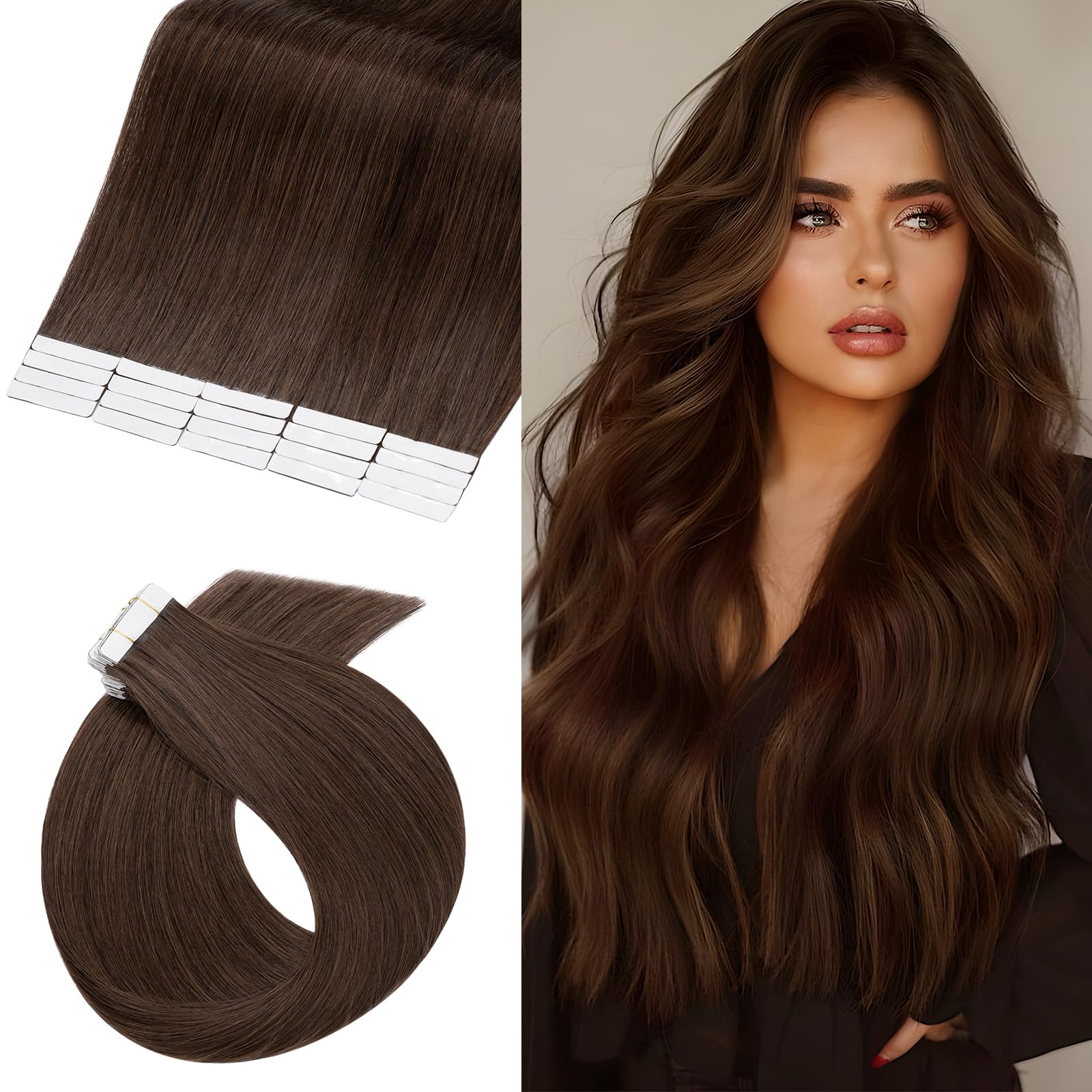 UK-Fashion-Shop 20pcs Tape in Hair Extension Real Human Remy Extensions Human Hair 50gram Tape on Hair Straight Seamless Skin Weft Natural(20inch 4 Medium Brown) — image 1
