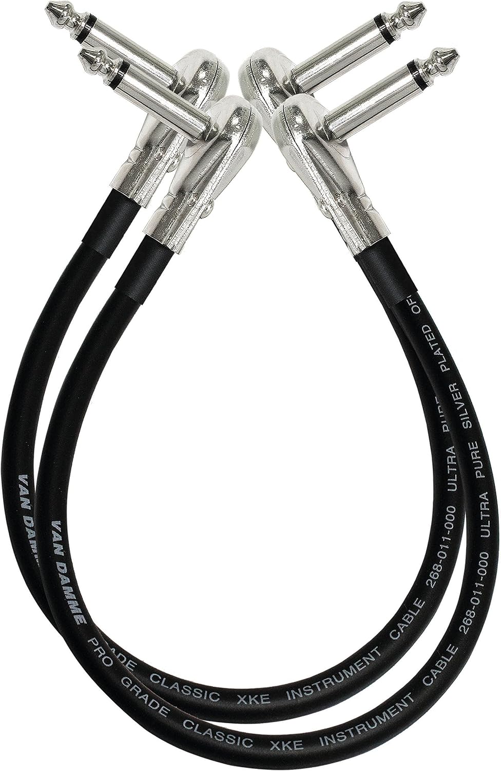 2 Units - Van Damme Pro Grade Classic XKE - 30 cm - Ultra-Flexible Multi-Shielded Guitar Bass Effects Instrument, Pedal Stomp Patch Cable w/Low-Profile, Right Angled Pancake (6.35mm) TS Connectors