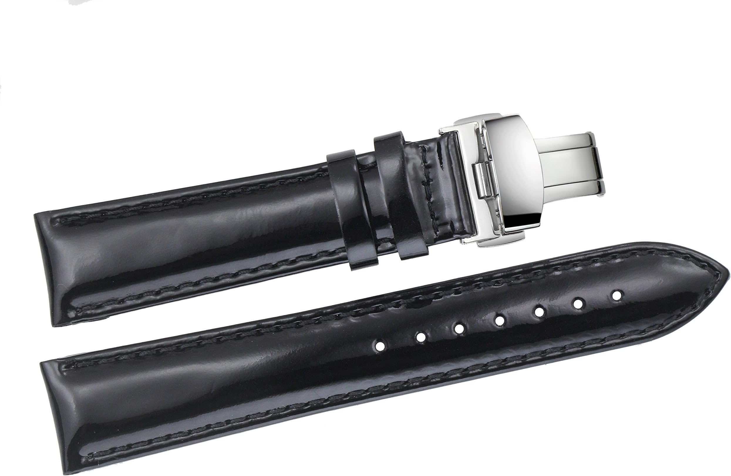 18mm Patent Black Leather Watch Straps Lightly Padded Shiny Oily Glossy Cowhide Smooth Skin No Grain Folding Double Push Button