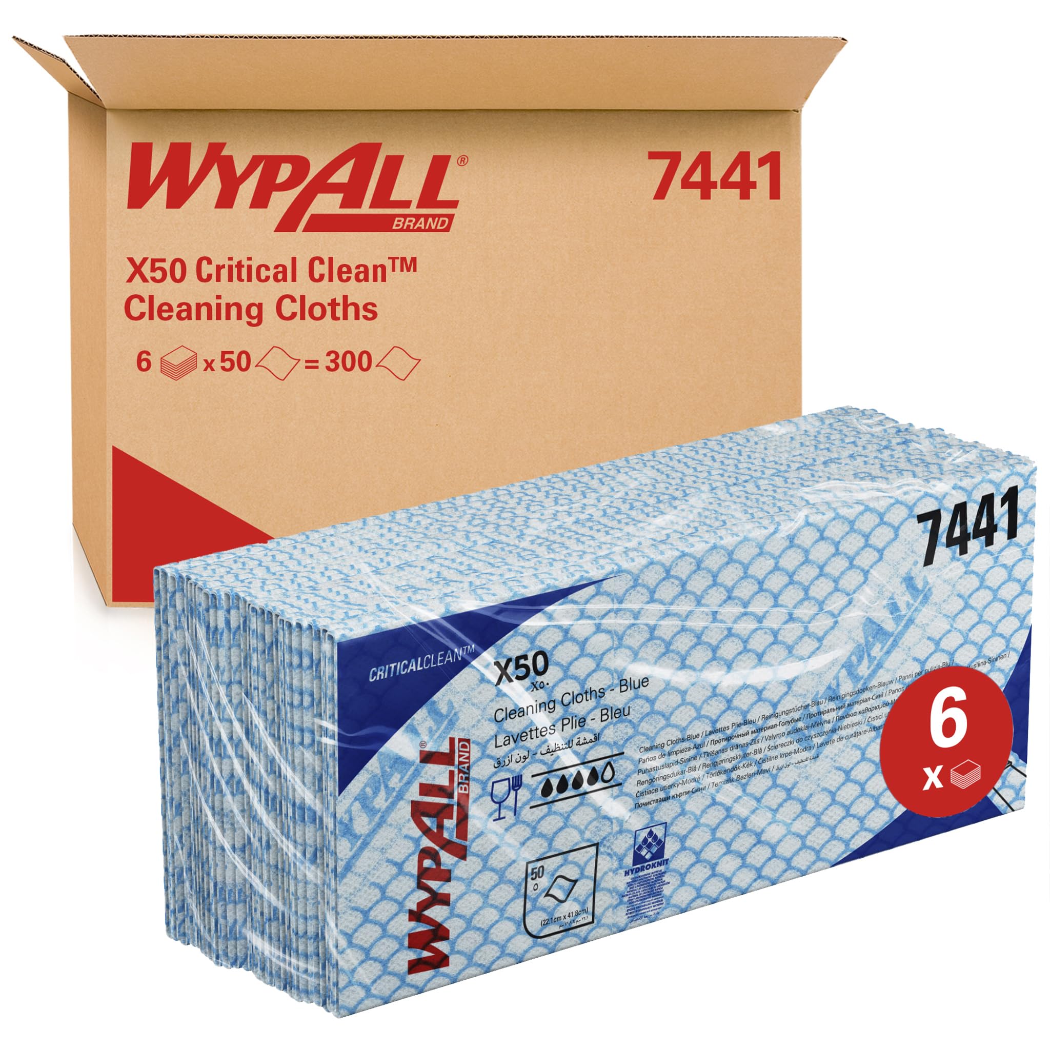 WypAll X50 Colour Coded Cleaning Cloths 7441, Durable Blue Food Contact Wipes, Hydroknit Technology, Fast Absorbing Cloths, 6 Packs x 50 Sheets (300 Total)