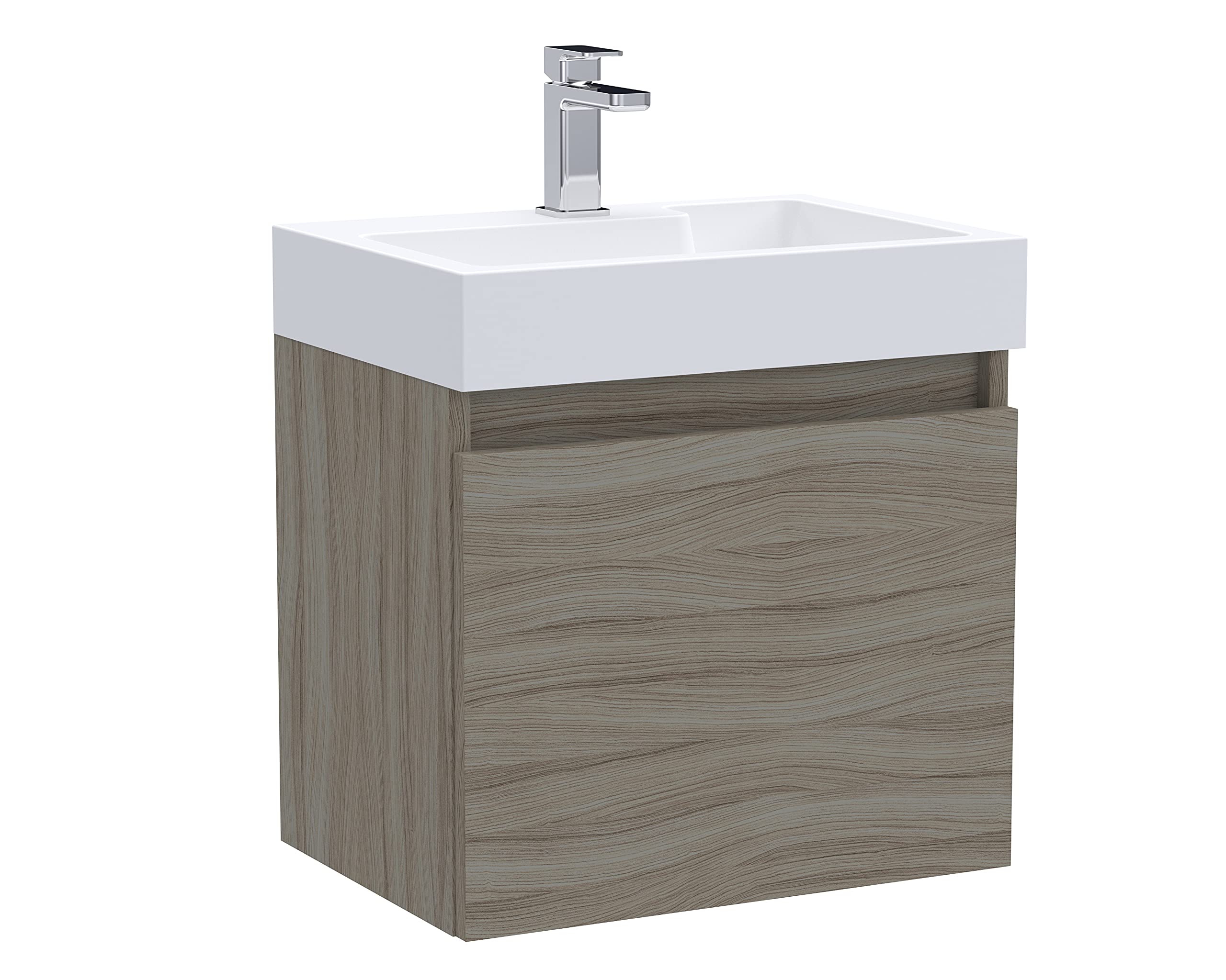 Nuie MER002 Merit ǀ Modern Bathroom Wall Hung Contemporary Cloakroom Single Door Vanity and Polymarble Basin, 500mm x 520mm, Driftwood, 500 mm