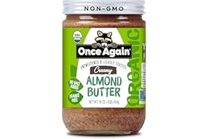Once Again Creamy Organic Almond Butter No Sugar, Lightly Toasted - Single Ingredient Nut Butter, No Palm Oil, No Salt - Glass Jar, Non-GMO, Gluten Free, Vegan, 16 oz Glass Jar
