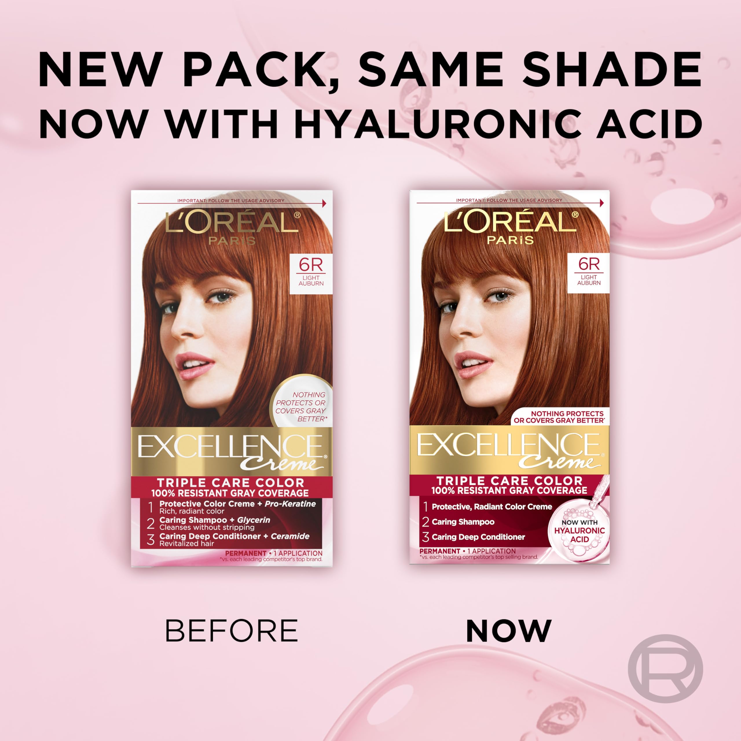 L'Oreal Paris Excellence Crème Permanent Hair Dye, Triple Care Hair Color with Pro-Keratine Complex for 100% Gray Hair Coverage, 6R Light Auburn, 1 Kit