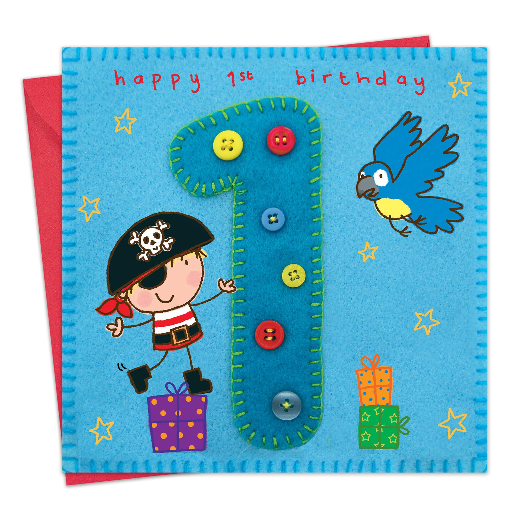 Twizler 1st Birthday Card For Boy with Pirate and Parrot - One Year Old - Age 1 - Childrens Birthday Card - Boys Birthday Card - Happy Birthday Card