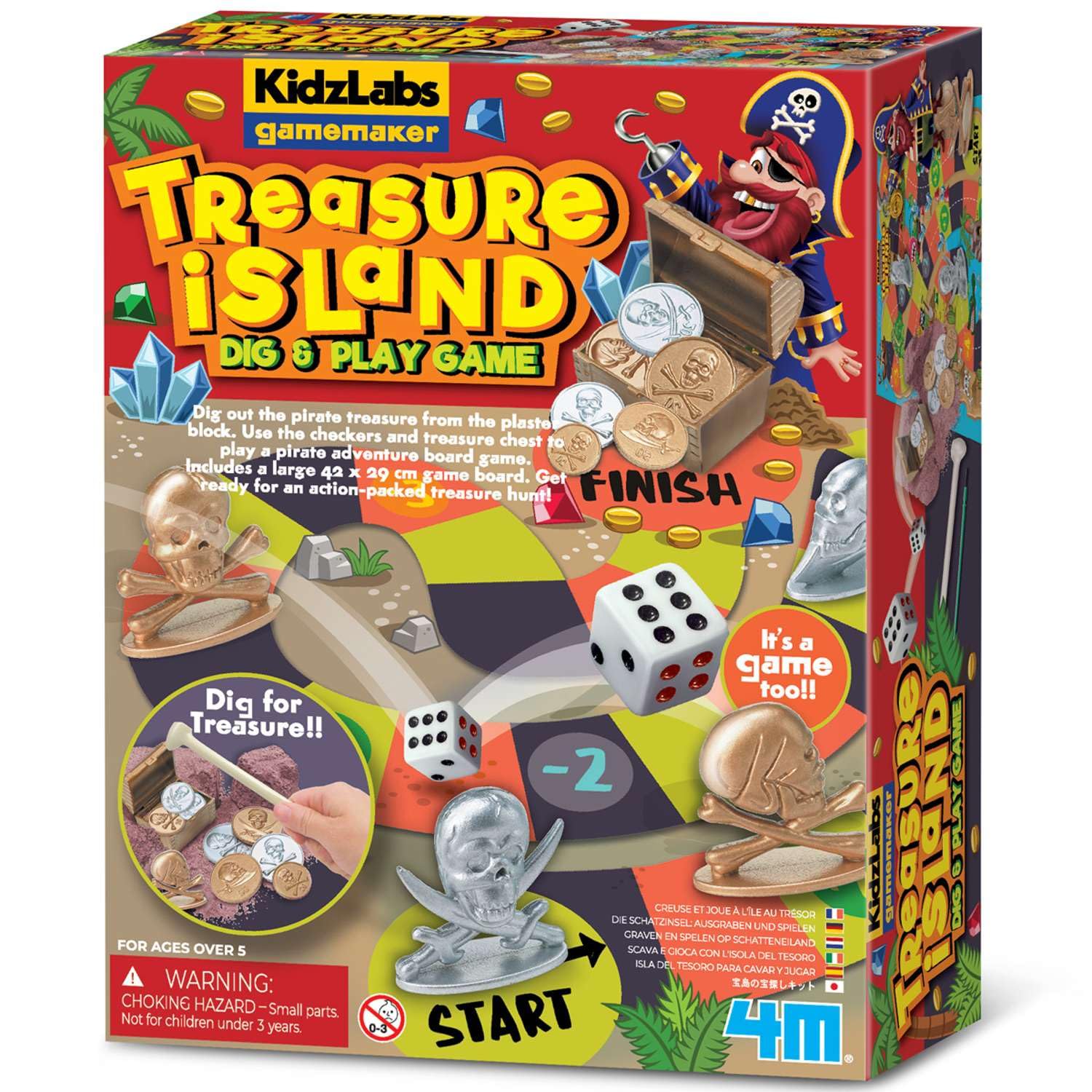 4M KidzLabs Treasure Island Dig & Play Game | Pirate Treasure Hunt Board Game & STEM Dig Kit for Kids Age 5+ | Includes Chest, Coins, Game Board, Checkers & Digging Tools | Gift for Boys & Girls