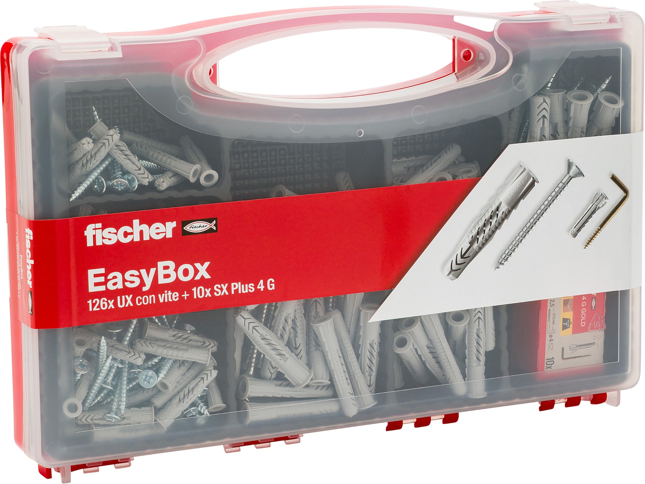 Fischer Easybox 513433 UX Dowels Case with Assorted Screws, Left with Picture Hook for Fixing on Solid Wall and Perforated Brick, Set of 252 Pieces