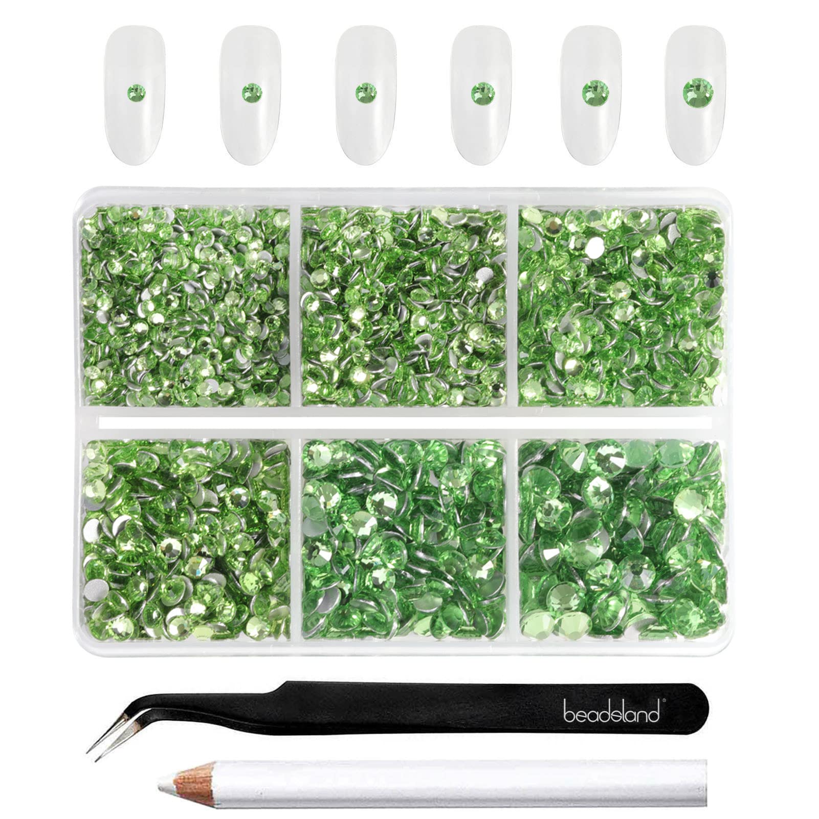 Beadsland 4300pcs Flatback Nail Rhinestones,Light Green Rhinestones Round Crystal Gems for Crafts,Mixed 6 Sizes with Picking Tweezers and Wax Pencil Kit, SS6-SS20,Peridot/Light Green — image 1