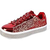UUBARIS Women's Glitter Tennis Sneakers Neon Dressy Sparkly Sneakers Rhinestone Bling Wedding Bridal Shoes Shiny Sequin Shoes