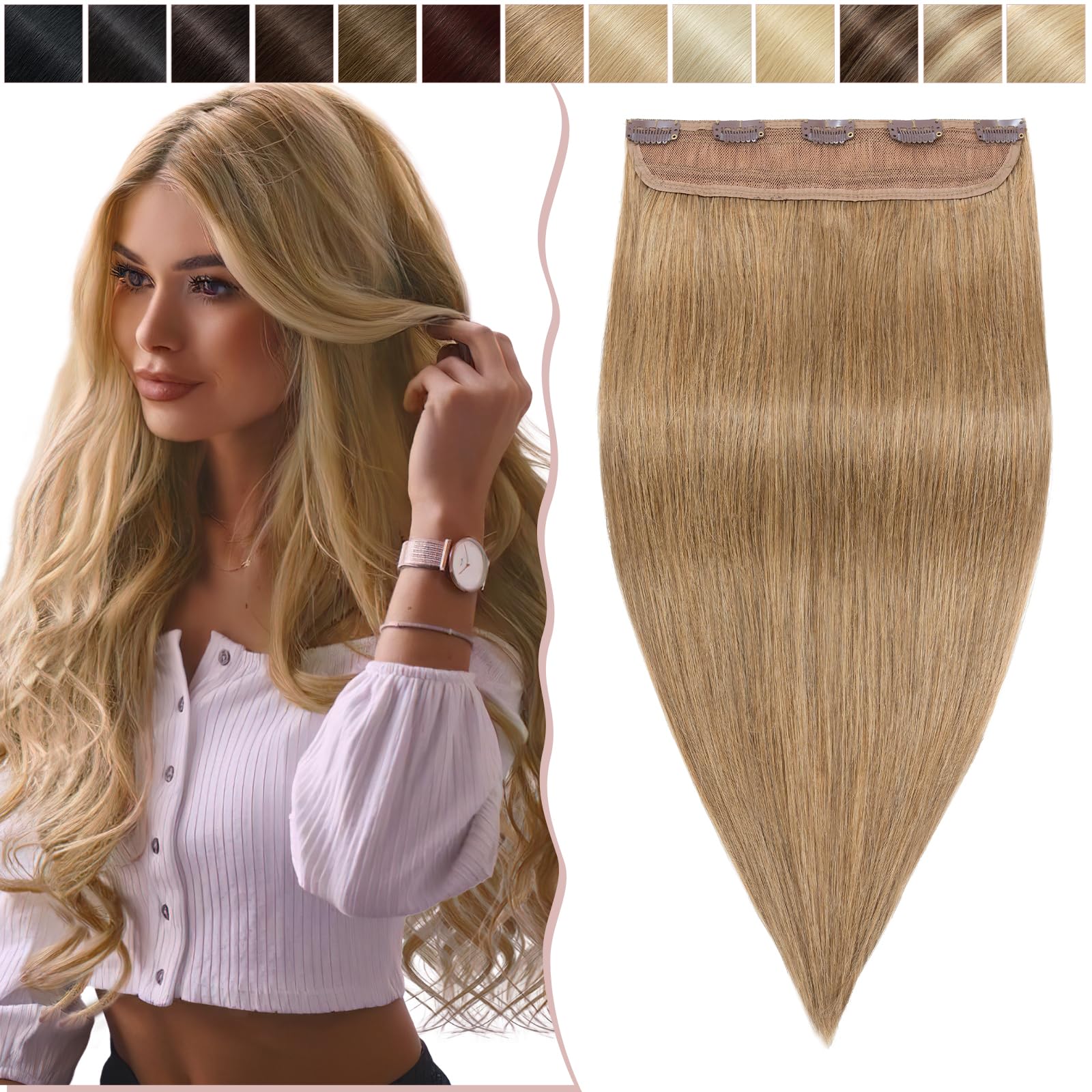 12 inches SEGO One Piece Hair Extensions Clip in Human Hair THICK [#27 Dark Blonde] Real Remy Hairpieces for Women 3/4 Full Head Straight Invisible (70g)