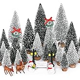 Waipfaru Christmas Village Accessories, 30 Pcs Christmas Village Display Platforms with Snowman, Mini Bottle Brush Christmas Trees, Miniature Small Pine Trees for Xmas Table Winter Decor