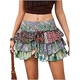 MakeMeChic Women's Boho Ruffle Hem Layered Skirt Paisley Print A Line Mini Skirts