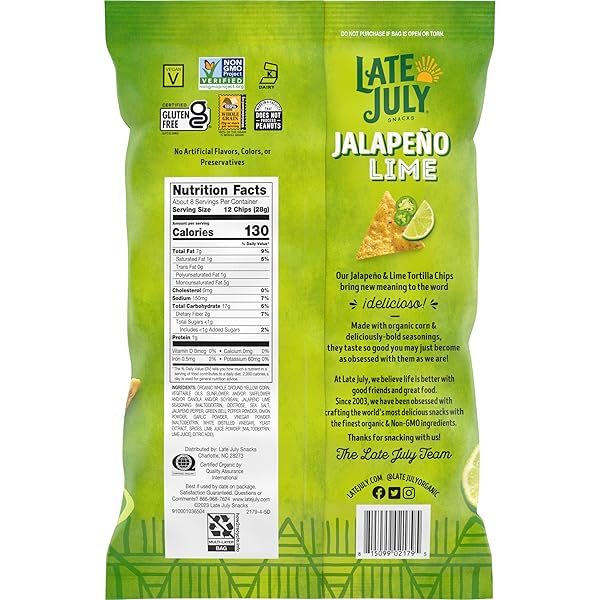 LATE JULY SNACKS JALAPENO LIME TORTILLA CHIPS, 7.8 OZ BAG
