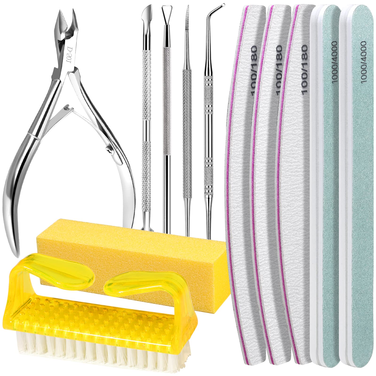FANDAMEI 12pcs Nail Files Set with Cuticle Nipper, Nail File and Buffer Set & Cuticle Pusher Nail Kit, 100/180 Nail Buffer Block Nail Scraper Nail Brush Cuticle Remover Tool as Manicure Kit, Yellow