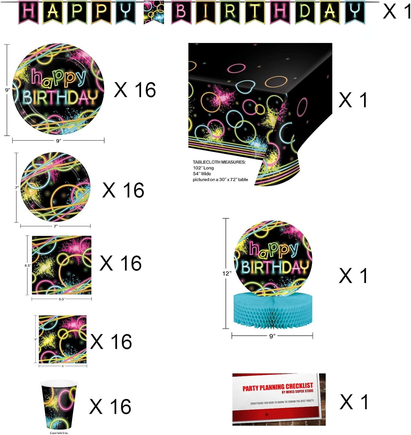 Glow Neon Party Jumbo Deluxe Birthday Supplies Super Bundle Pack for 16 Guests (Plus Party Planning Checklist by Mikes Super Store): Health & Personal Care