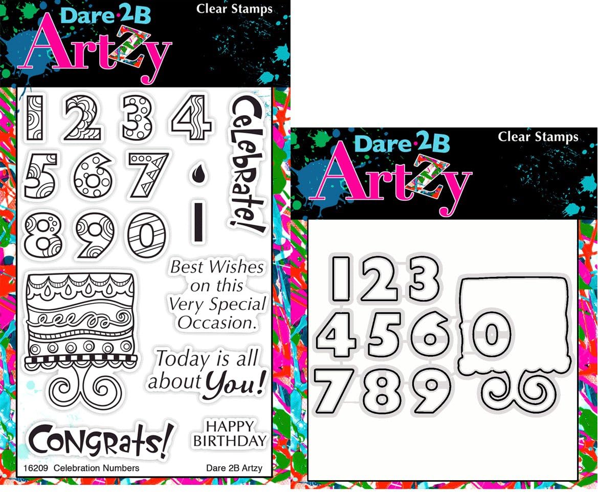 Dare 2B Artzy Celebration Numbers Clear Cling Rubber Stamp Set (16209) and Bronze Steel Die (D19) Bundle 2 Items