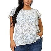 Agnes Orinda Plus Size Women's Summer Tops Floral Round Neck Short Sleeves Ruffle Casual Blouses