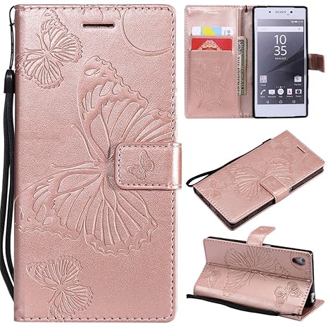 Hozor Sony Xperia Z5 Handyhülle, Retro Großer Schmetterling Muster PU Kunstleder Ledercase Brieftasche Kartenfächer Schutzhül