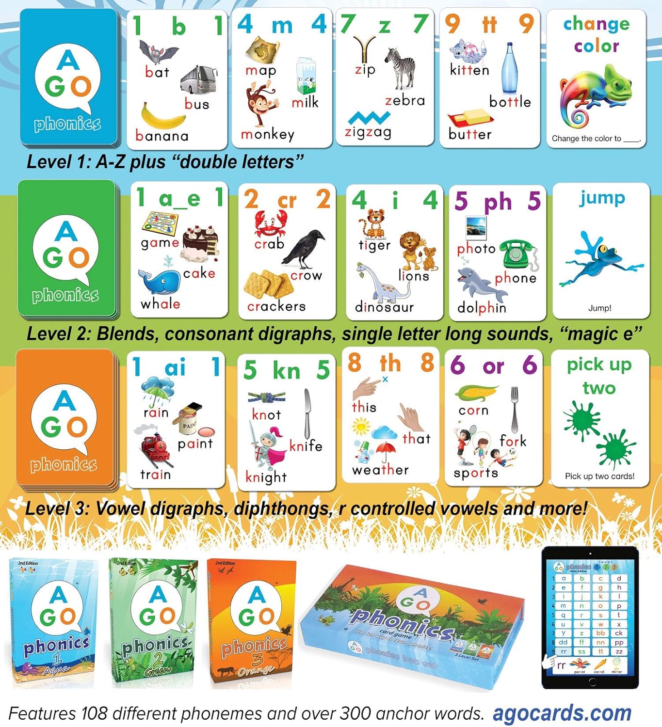 Flash Cards Build Reading Skills Learn Words And Phonics Sounds 3 Level Box Set Ago Phonics Card Game All While Playing A Fun Card Game Includes 3 X Playing Card Decks In