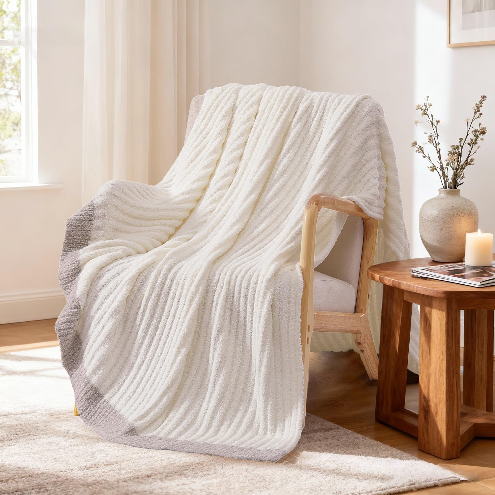 WRENSONGE Striped Throw Blanket, White Soft Cozy Fluffy Warm Hand Made Throw Blankets for Couch, Sofa, Chair, Bed, Camping, Picnic, Travel Lightweight Bed Blanket - 60"*80" Image