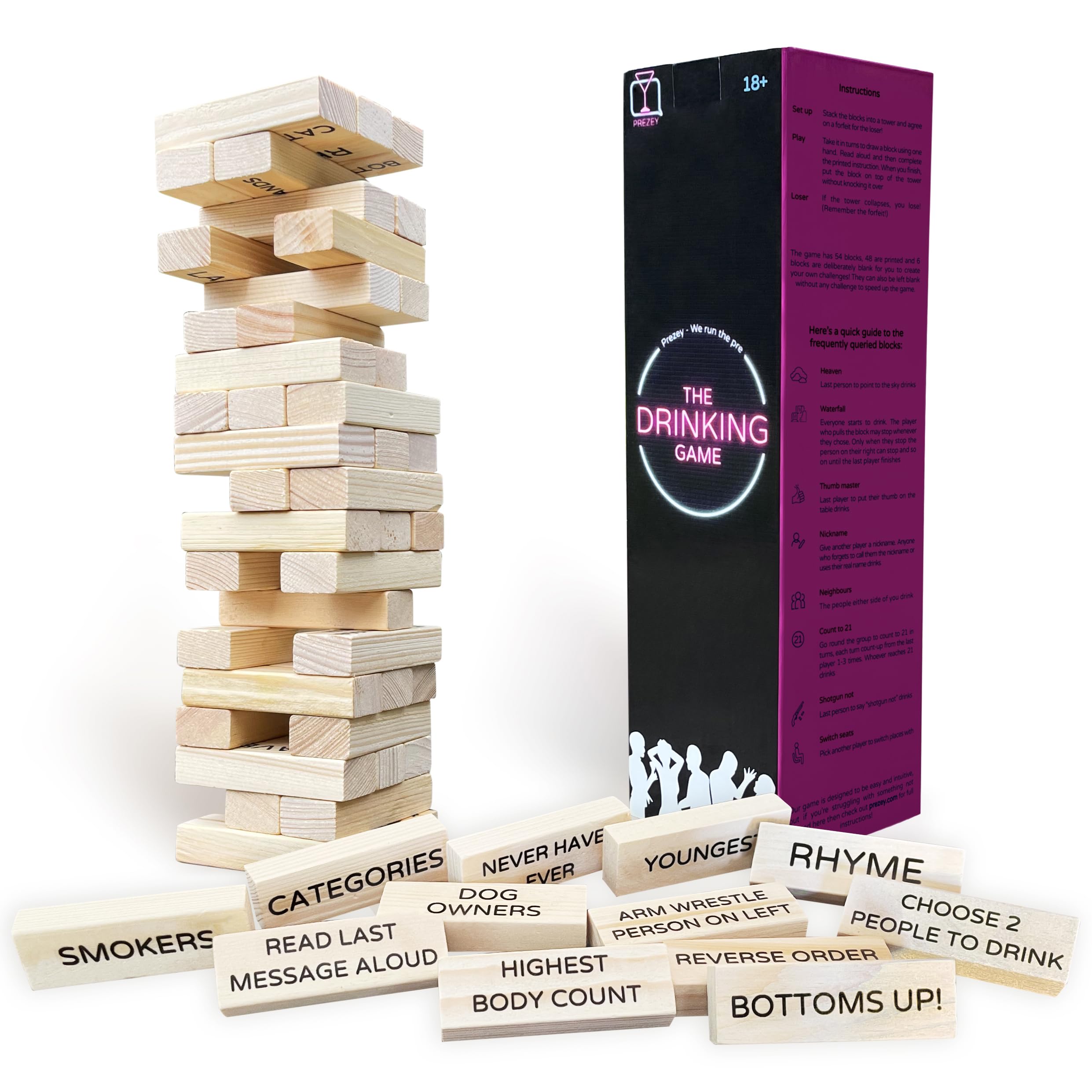 Prezey The Drinking Game - 54 Blocks with Unique Dares | Drinking Games for Adults, Fun Games for Adults for Game Night, Couples Games, and Adult Party Games, Hen Party Games, Adult Games, Funny Games