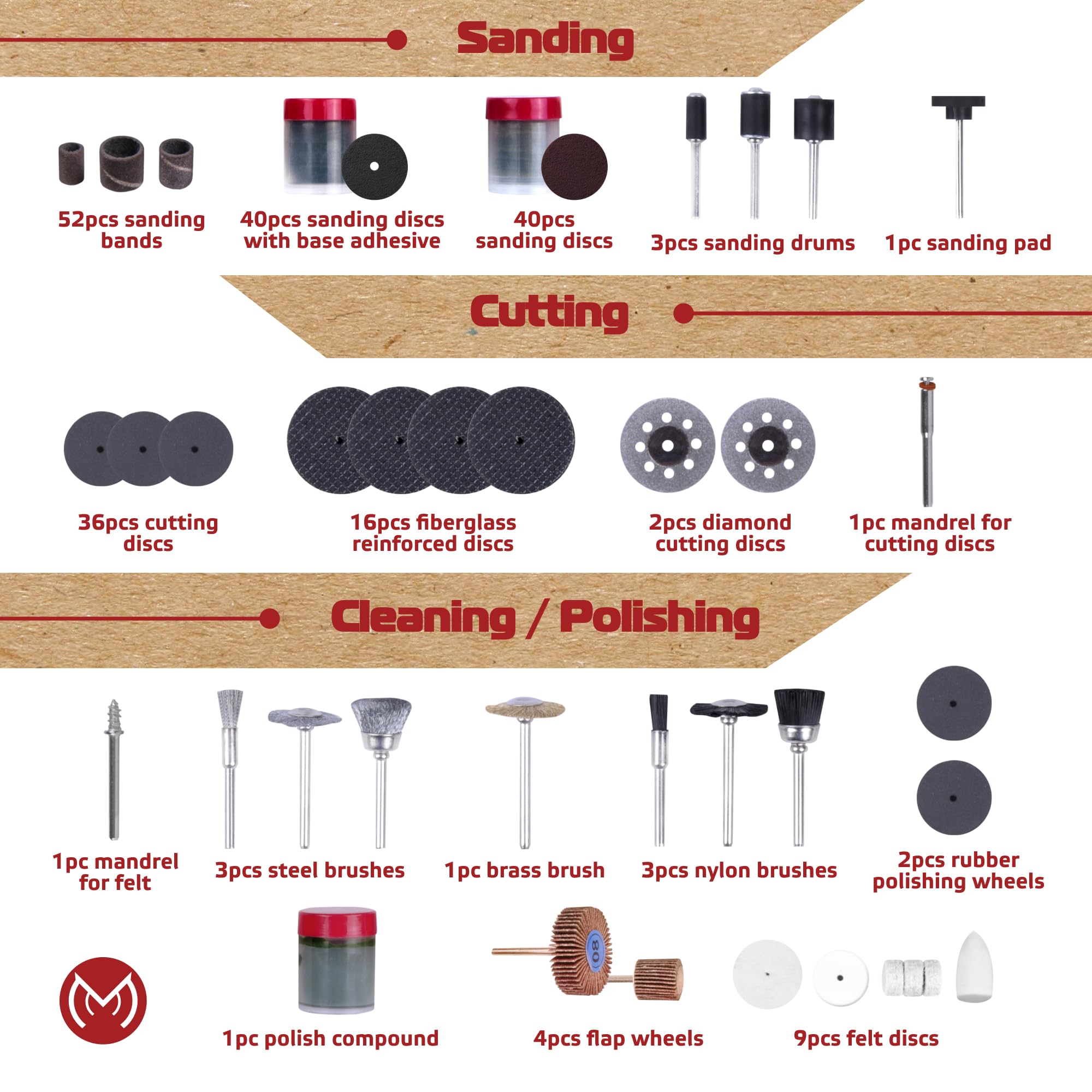 Condition photo showing New/Like New for 276 pcs rotary tool accessories kit, 1/8-in shank rotary tool kit, universal fitment for easy polishing, sanding, cutting, drilling, engraving, sharpening, grinding with portable storage case