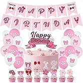 Pink Bow Birthday Decorations Kit - Cartoon Cat Theme Party Supplies 33 PCS Complete Set with Banner, Cake Topper, Cup Toppers & Balloons for Girls Party, Baby Shower Decor
