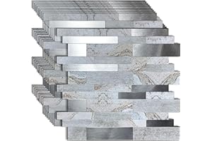 WEIMEISC 10 Sheets Backsplash Tile for Kitchen Peel and Stick, 11.81" X 11.81" Self-Adhesive Waterproof, Metal Backsplash Subway Tile, Stick on Tiles Kitchen Bathroom (White Marble+Frosted Grey)
