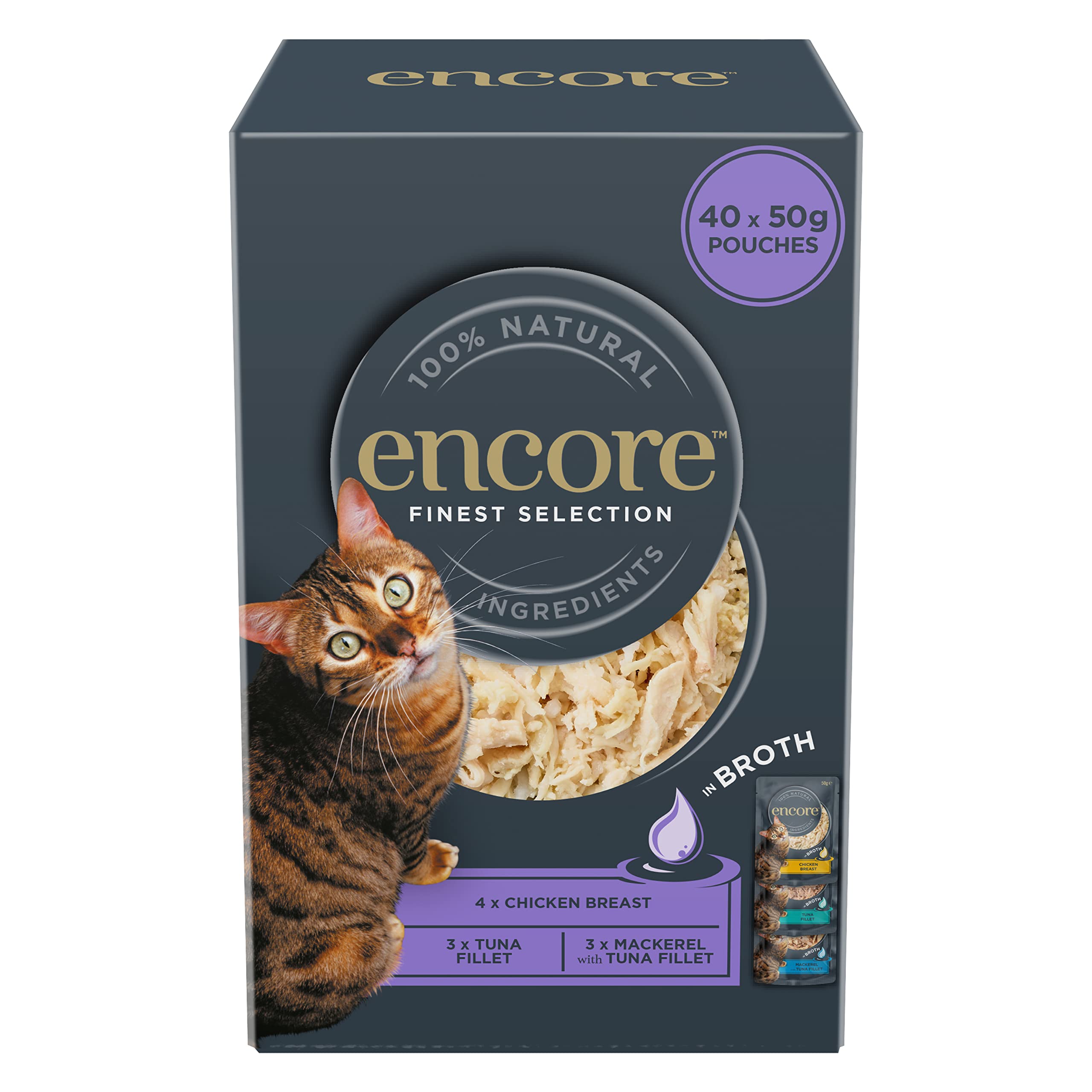 Encore 100 Percent Natural Wet Cat Food Pouch, Chicken and Fish Selection in Broth, 50g Pouch (Pack of 40 pouches)