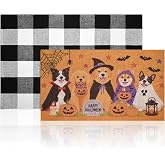 Kuabiz 2 Pcs Halloween Welcome Door Mat 30 x 17 Inch Halloween Dogs Coir Mat for Front Doors Nonslip 2-in-1 Buffalo Plaid Rug for Trick or Treat Party Decor Entrance Porch Rubber Backing Home Decor