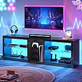 Clikuutory Modern 63 inch TV Stand with LED Lights for 50 55 60 65 70 75 inch TVs, High Gloss Entertainment Center for PS5, TV Cabinet with Glass Shelves for Living Room, Bedroom, Bright Black