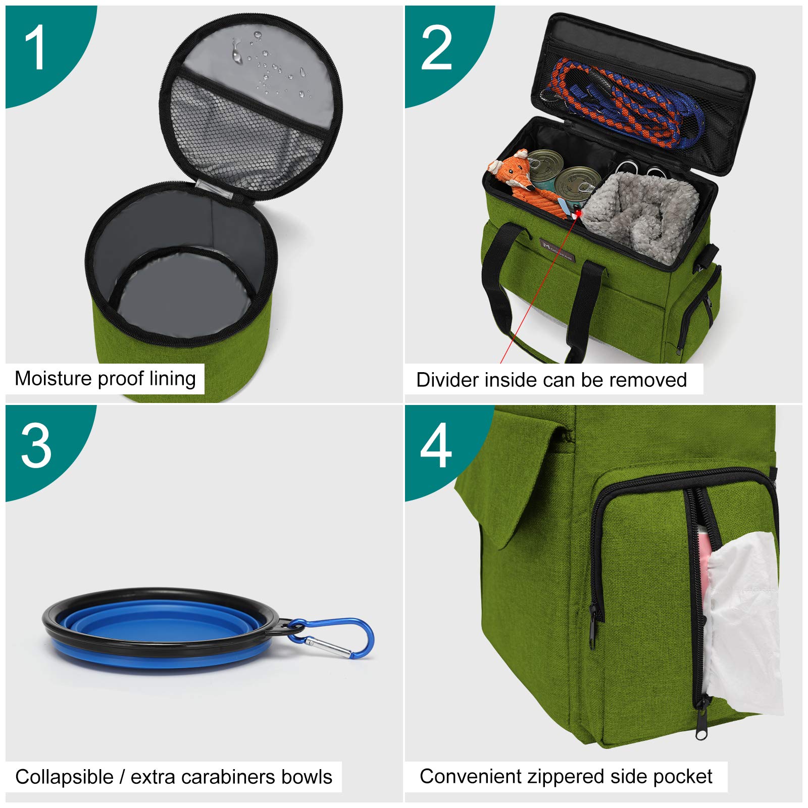 Von Fluggesellschaften zugelassene Haustier-Reisetasche, Wochenend-Hundereiseset für Hund und Katze, von Fluggesellschaften zugelassener Trage-Organizer mit Multifunktionstaschen, Grün 4