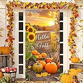 BlissYard Hello Fall Door Cover Thanksgiving Backdrop Pumpkin Sunflower Wagon Field 71x35 Inch Rustic Autumn Banner for Porch Wall Decor Fall Harvest Photo Booth Props