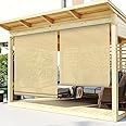 TANG Exterior Roller Shade Roll up Shade for Patio Deck Porch Pergola Balcony Backyard Outdoor Blinds Light Filtering Block UV Rays 4'W x 11.5'L Hollow Out Striped Beige