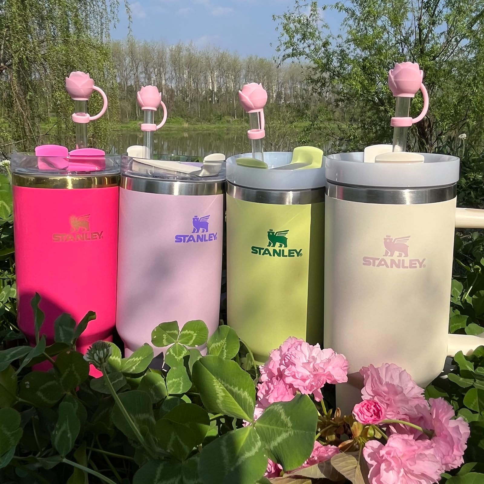 Amreich Valentines Day Straw Covers - Pink Rose Straw Toppers Romantic Stanley Cup Accessories for Girls Girlfriend