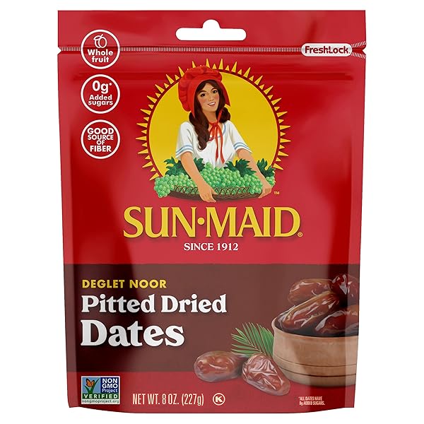 SUN-MAID CALIFORNIA PITTED DATES, DEGLET NOOR IN RESEALABLE BAG, ALL NAUTRAL, NO ADDED-SUGARS, 8 OZ (PACK OF 1)