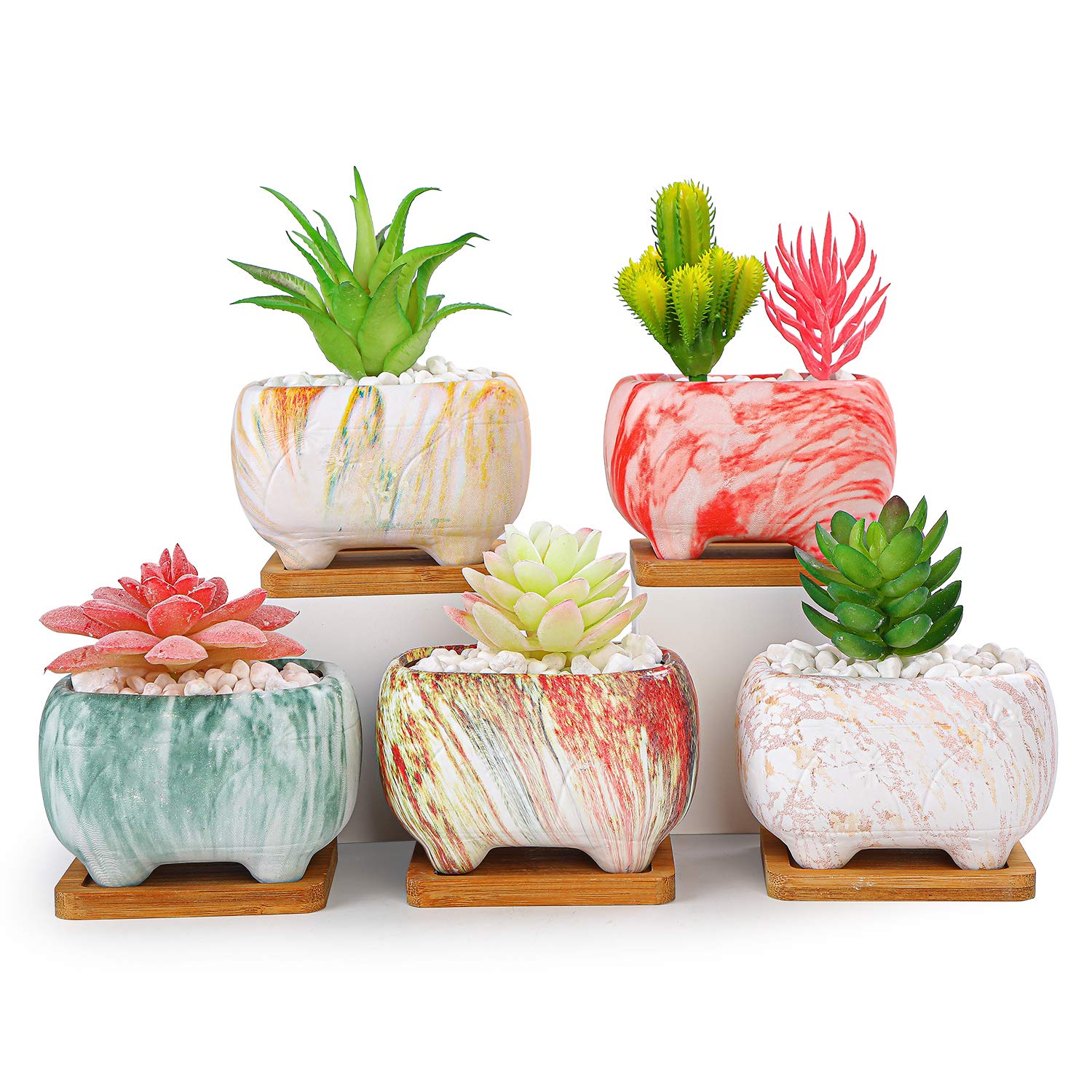 ARTKETTY Succulent Plant Pots - 11.9 CM Rectangular Cactus Plant Pot with Drainage Hole and Trays Modern Ceramic Flower Plant Bonsai Pot for Windowsill, Office, Home/Garden Decor(Set of 5) — image 1