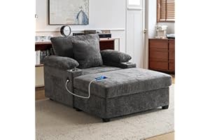 SUNWAVE Chaise Lounge Chair with Ottoman, Chenille Fabric Sofa Bed, Accent Chair with Cupholders & USB Charging Ports for Living Room, Bedroom, Apartment (Dark Gray)
