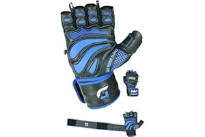 GRIP POWER PADS Elite Leather Gym Gloves with Built in 2" Wide Wrist Wraps Grip & Design for Weightlifting Power Lifting Bodybuilding & Strength Training Workout Exercises