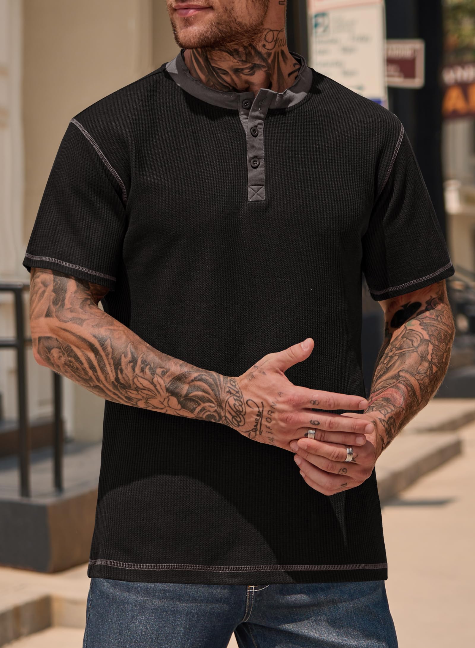 VOGSTART Men 2025 Shirt Button Tee Shirt Waffle Henley Muscle Stretch Cotton Casual T-Shirt Black S