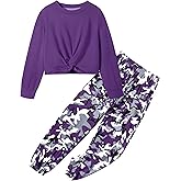 NECIOUS Girls Fall Outfits 2 Piece Fashion Twist Front Pullover Sweatshirt and Camo Pants Clothing Sets 5-14Y