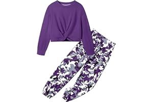 NECIOUS Girls Fall Outfits 2 Piece Fashion Twist Front Pullover Sweatshirt and Camo Pants Clothing Sets 7-14Years