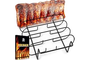 MOUNTAIN GRILLERS BBQ Rib Racks for Smoking, Gas Smoker or Charcoal Grill, Sturdy & Non Stick Standing for gas grill, bbq grill, Holds Up to 5 Baby Back Ribs, Grilling & Barbecue Gifts for Men Black
