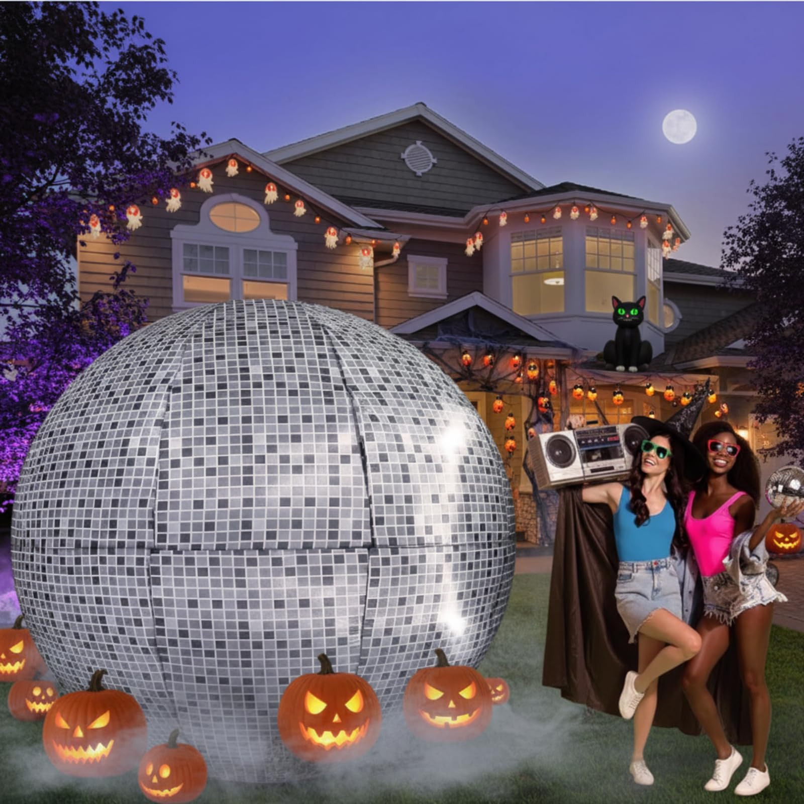 Photo 1 of Jetec 7.51 ft Inflatable Lighted Disco Ball with Built in LED Light Fabric Disco Party Decorations Oversized Decorated Mirror Ball Yard Decoration for Dance Music 50 60 70s Halloween Party Decor